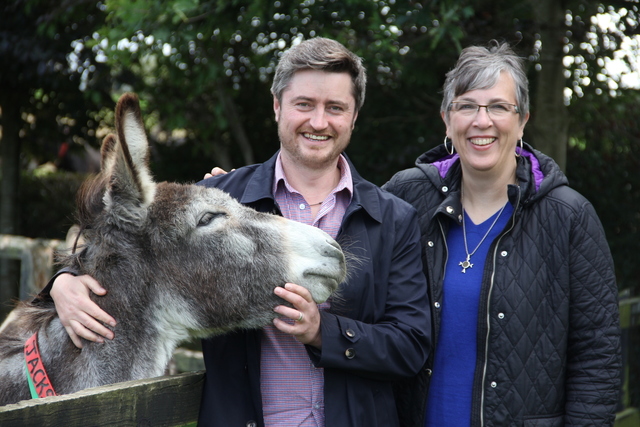 Jacksie the donkey with Patrick & Susy at the Donkey Sanctuary in Liscarroll, Ireland 2019